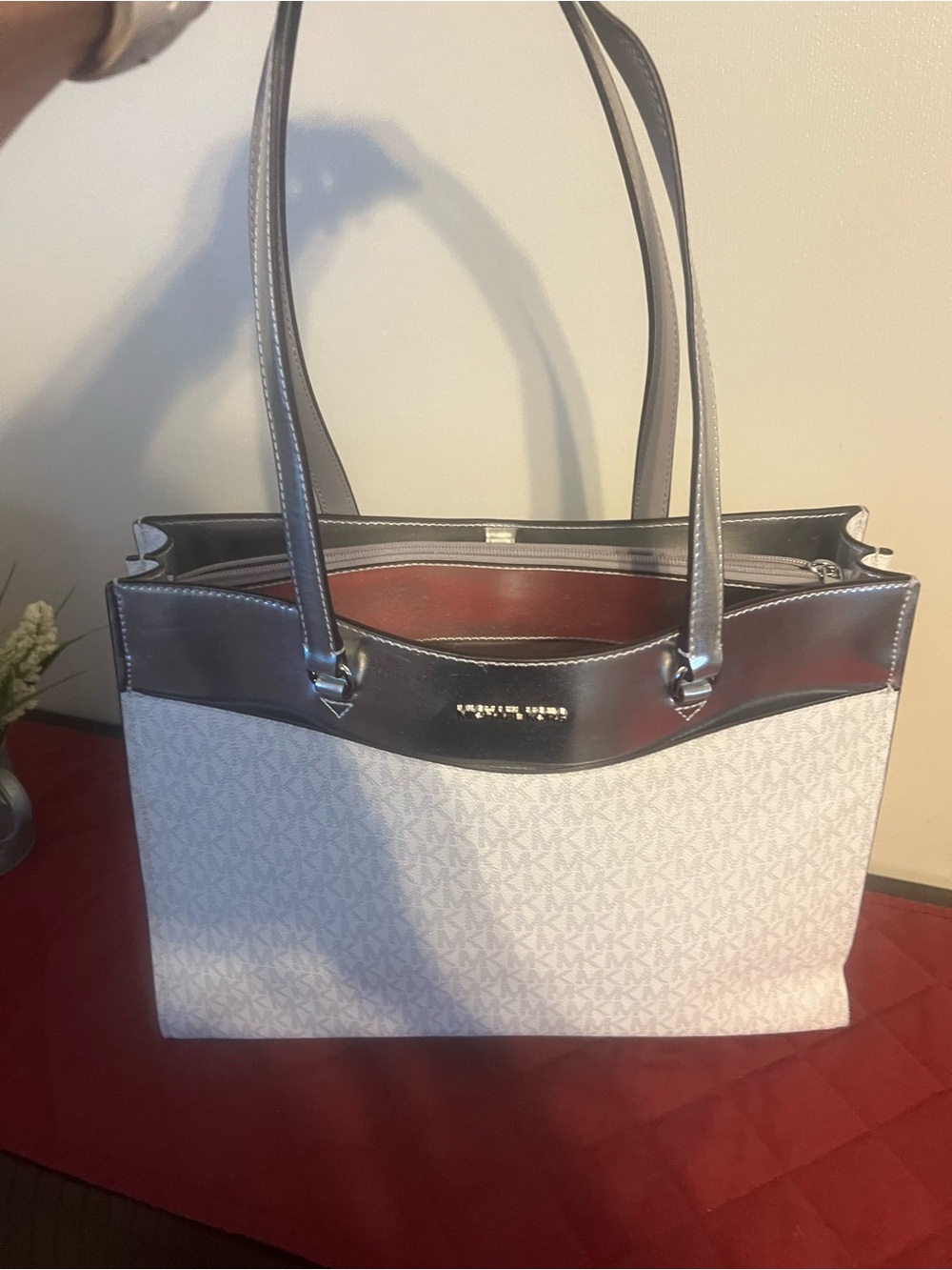 Michael Kors White and Brown Logo Tote with Dark Trim